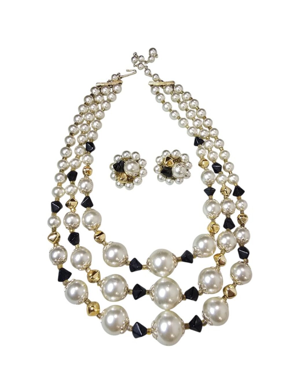 Vintage Japan Faux Pearl Multi Layered Necklace with Clip Earrings